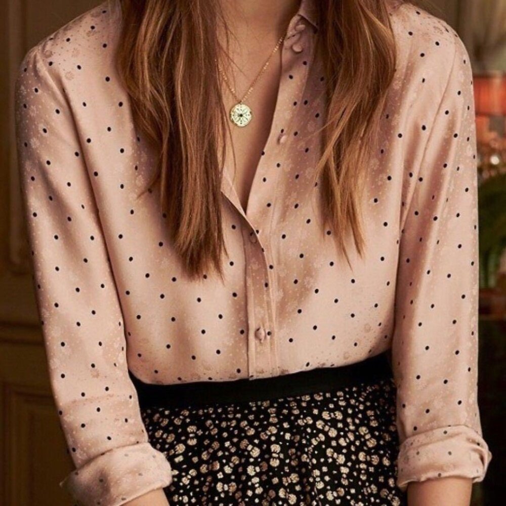 NWOT Sézane Ann Shirt - Pink w/ Polka Dots Silk Button Down Size 36 US 4